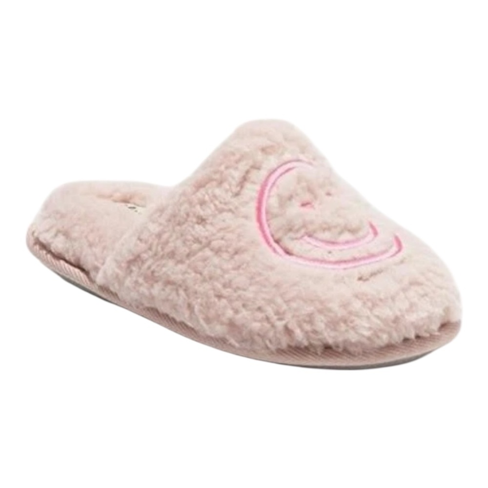 Deluxe by Dearform Fuzzy Smiley Face Cozy Pink Kids Slippers Size 7/8 NWT